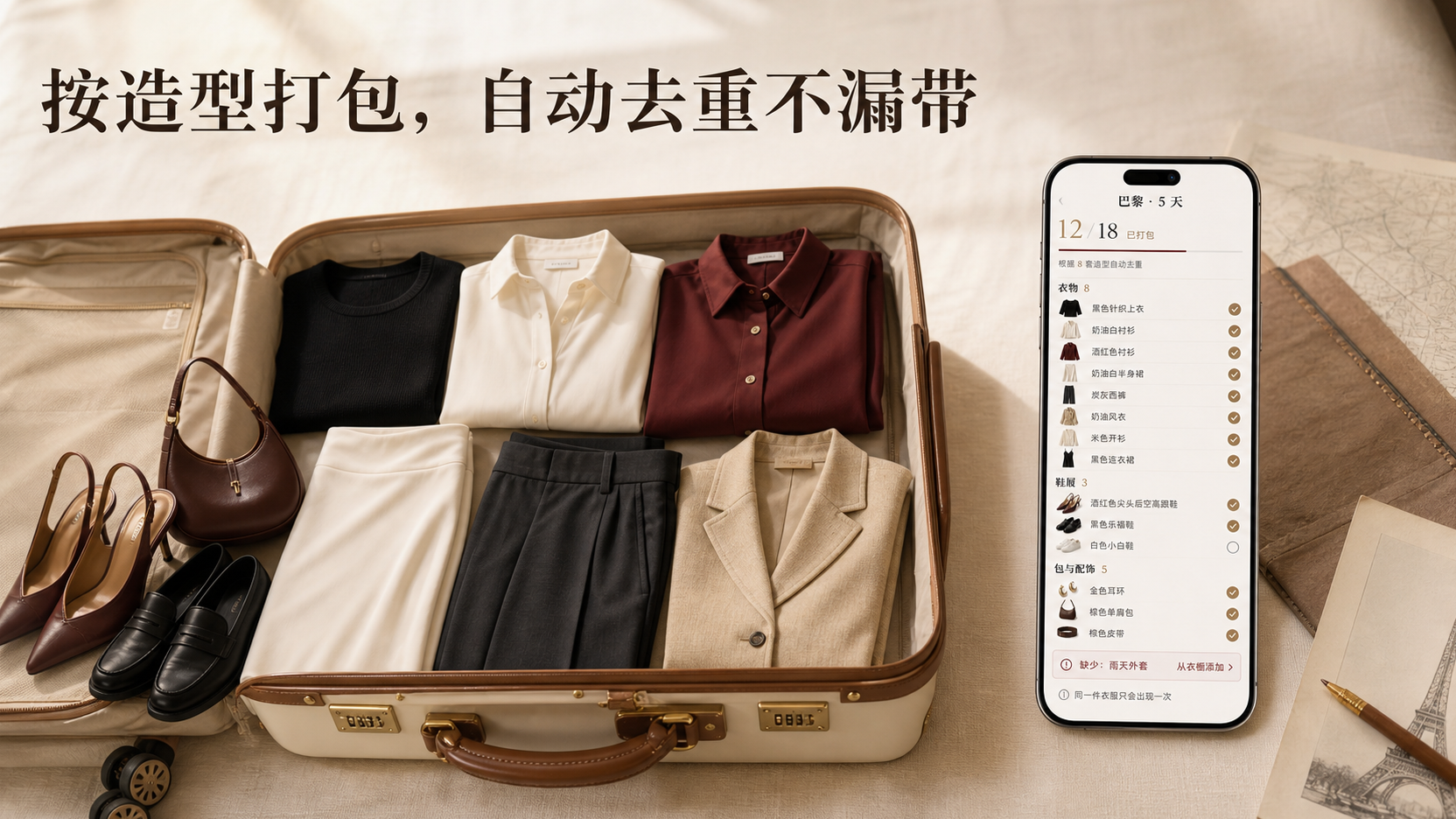 AI 衣橱按造型生成旅行打包清单并自动去重